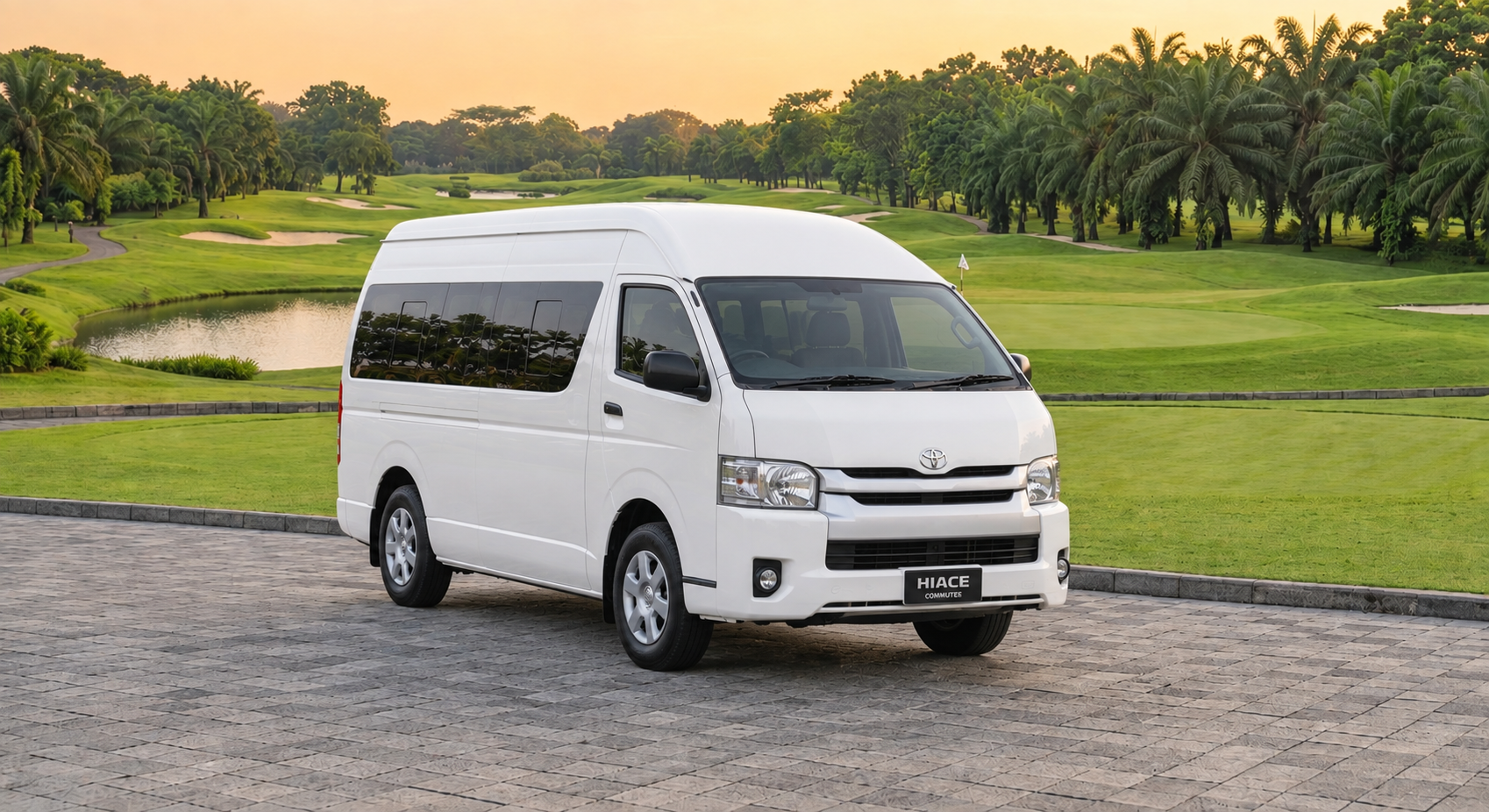 Toyota Hiace Commuter putih, minibus kapasitas besar untuk rombongan dan wisata grup