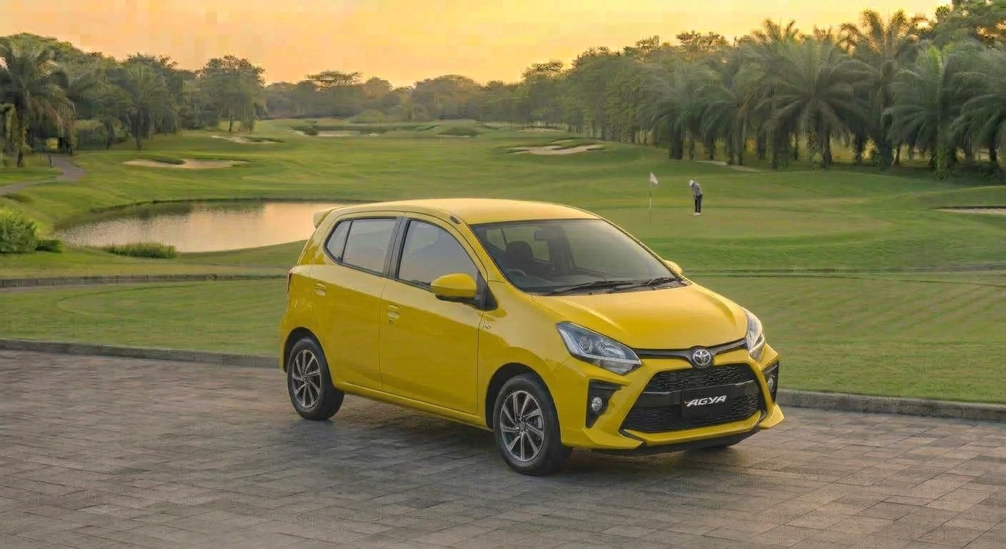 Toyota Agya merah compact di jalanan kota, city car lincah dan hemat bahan bakar