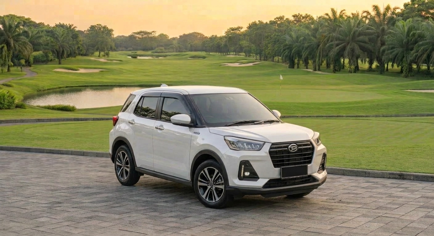 Daihatsu Rocky putih modern di jalan kota, SUV compact stylish dengan teknologi terkini