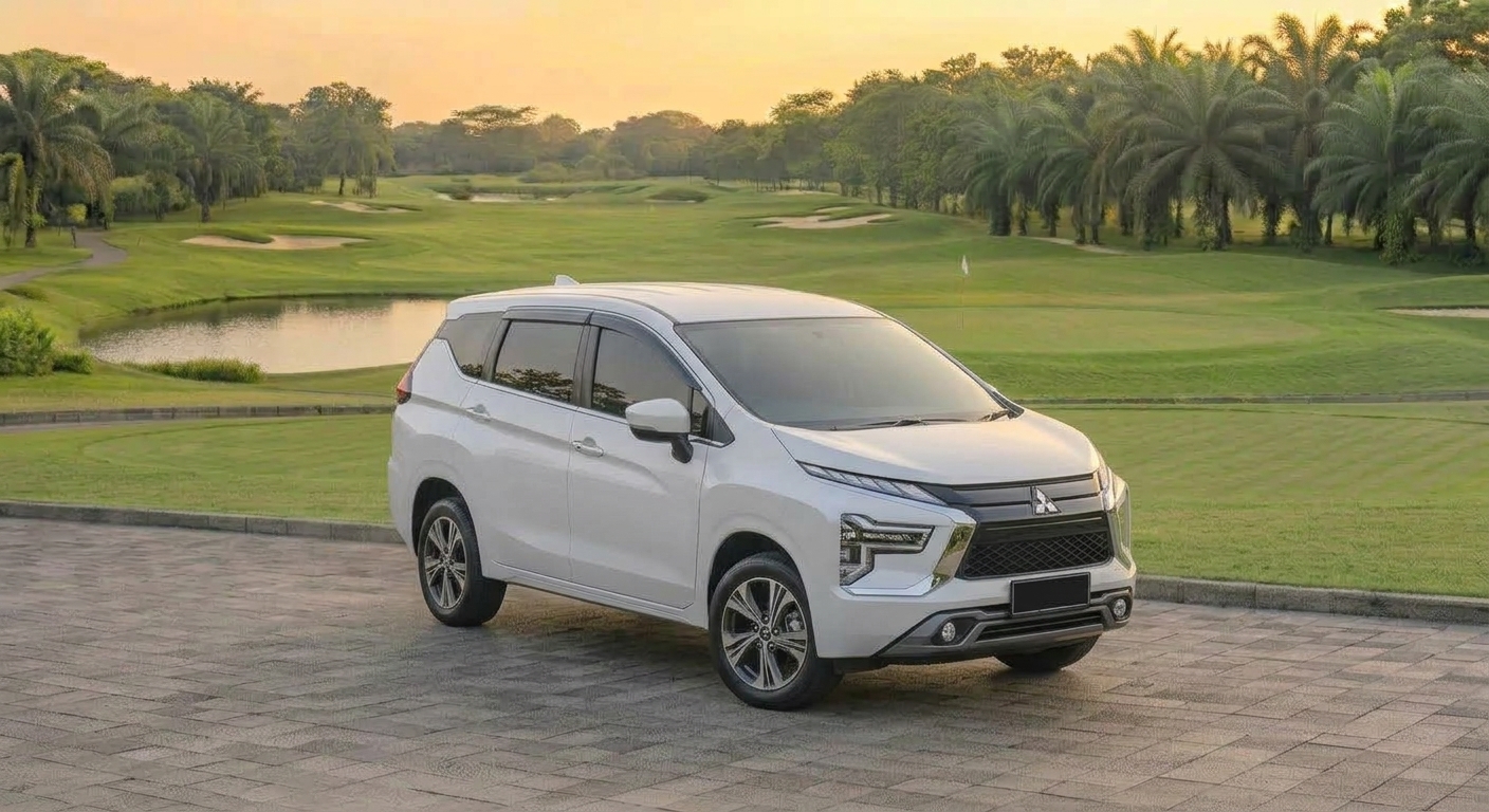 Mitsubishi Xpander hitam modern di jalan kota, MPV stylish dengan kabin luas dan fitur lengkap