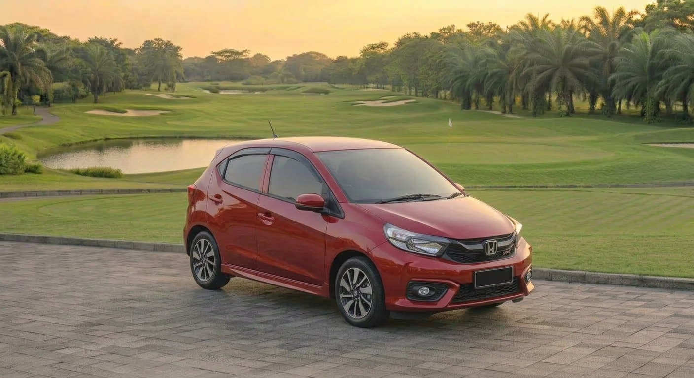 Honda Brio merah compact di jalanan kota, city car lincah dan hemat bahan bakar untuk dalam kota